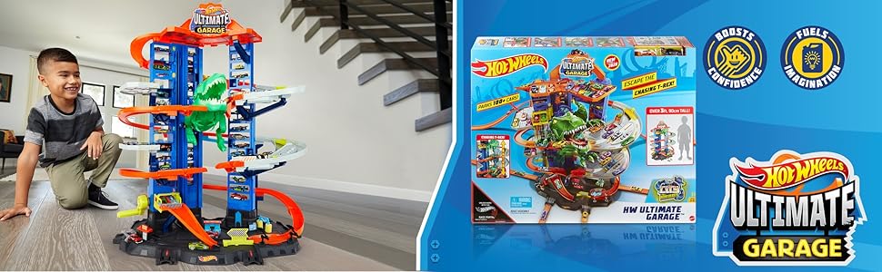 Hot Wheels City Ultimate Garage Track Set avec T-Rex et 2 voitures